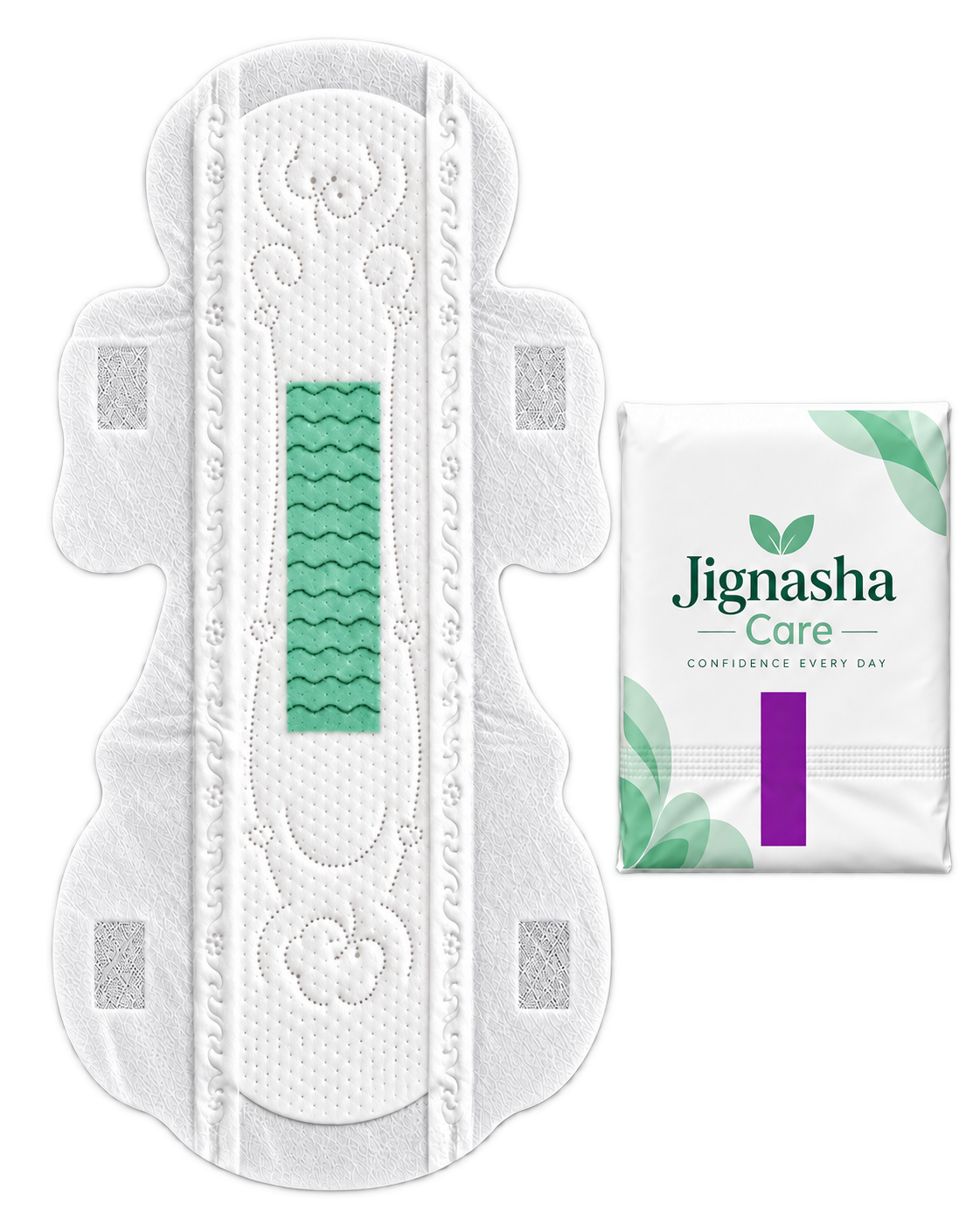 Jignasha Care XXL pad with green centre strip, double wings and individual wrapper